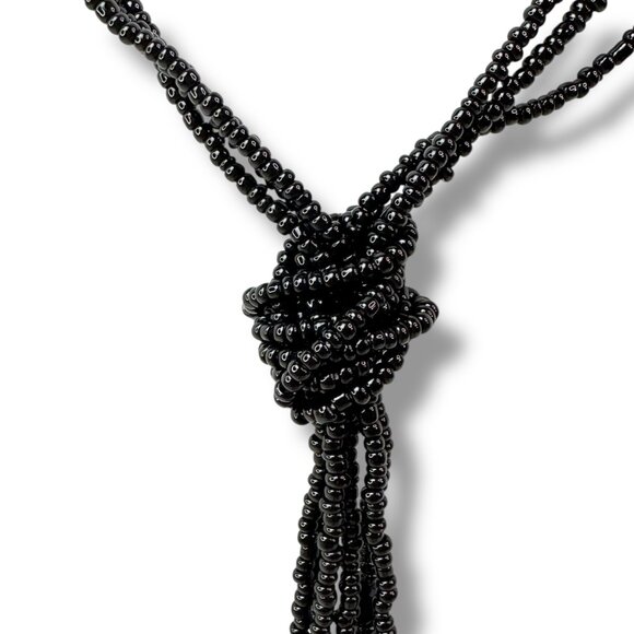 Vintage Handcrafted Jet Black Glass Bead Statement Necklace, Faceted, Seed Beads - Picture 2 of 9